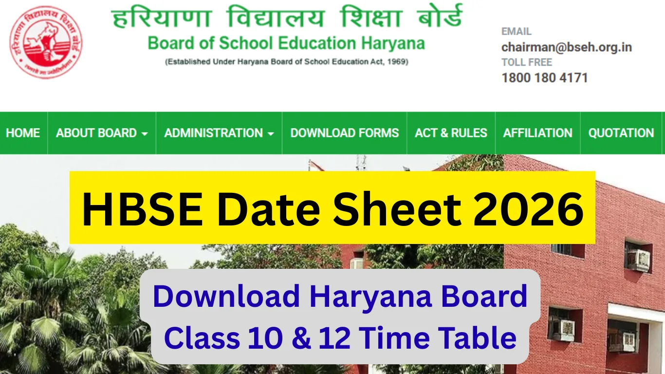 HBSE Date Sheet 2026 for Class 10 & 12 (Expected Today): Haryana Board Time Table