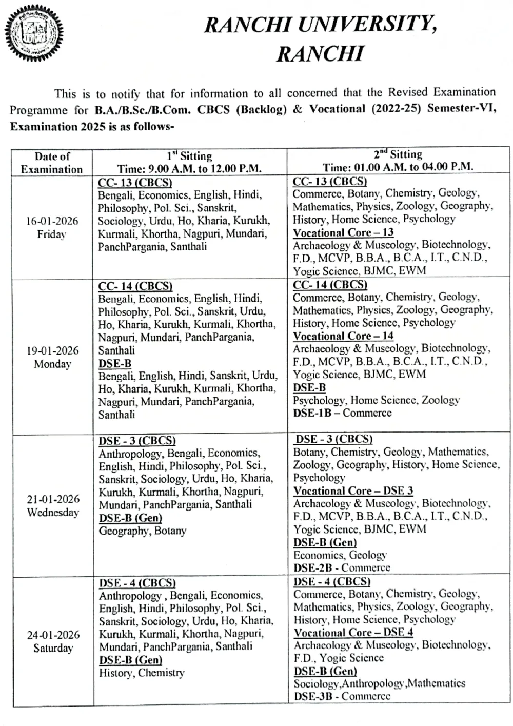 Ranchi University Semester 6 Exam Schedule 2026 (CBCS, General & Vocational)